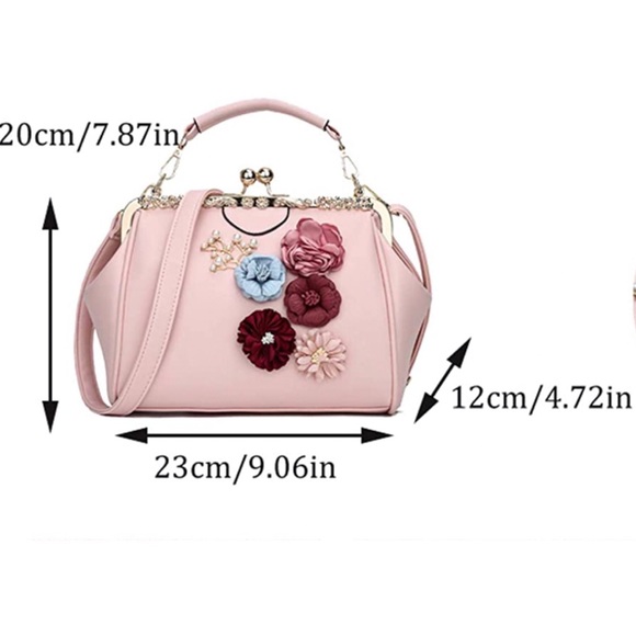 Flower Applique Kiss Lock PU Leather Bag (Beige) - Picture 5 of 5